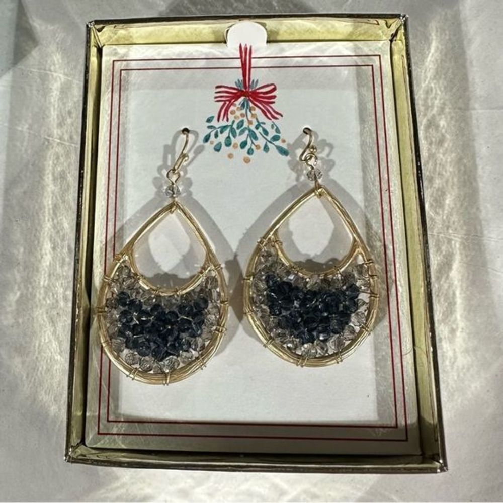 Boxed Jeweled Gold Hoop Dangle Earrings Beautiful! Beaded and Wired Blue Crystal